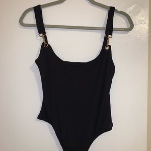 White Fox Black Ribbed Bodysuit with Metal Hook Straps
